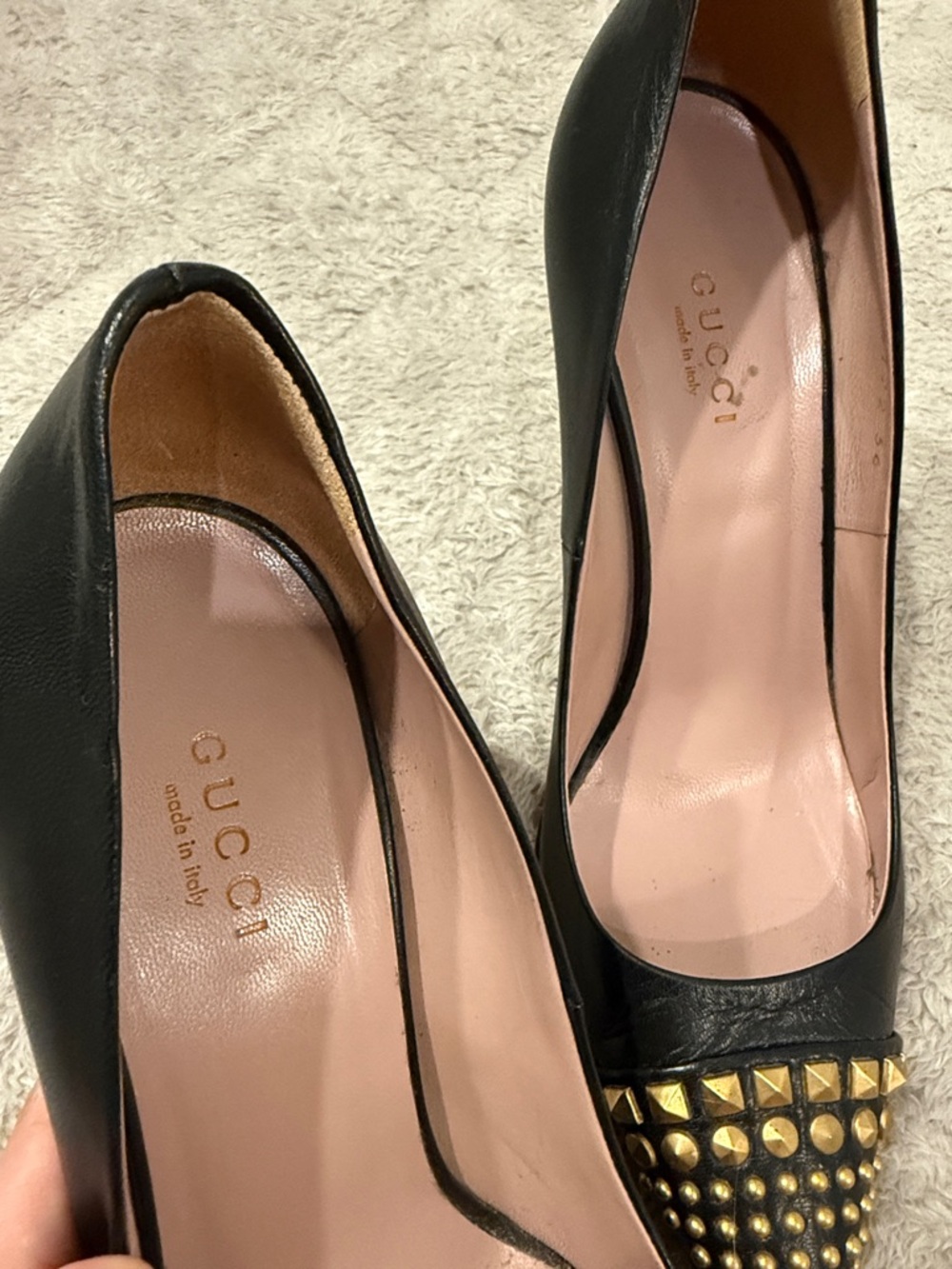 Gucci Black Leather Pointed Studded Pumps with Gold Accents - Picture 2 of 9